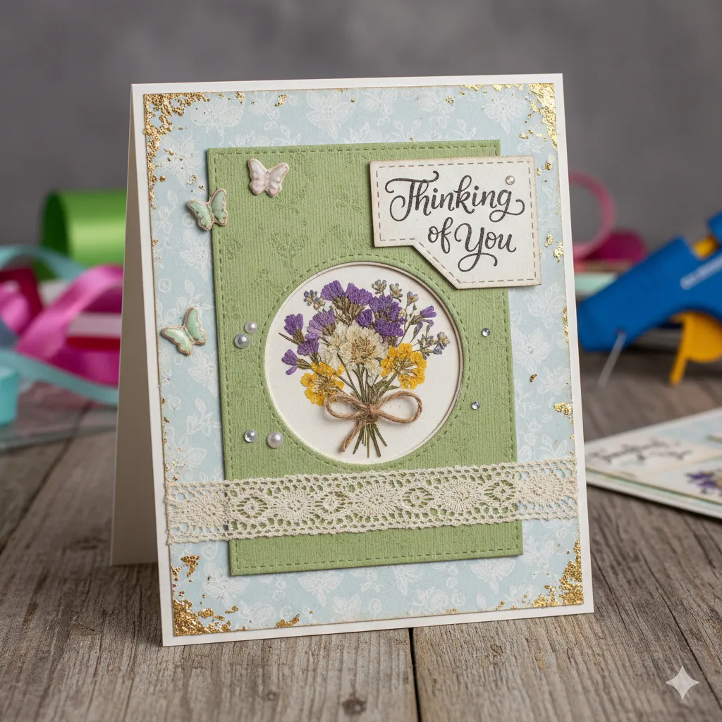 Handmade card design with embellishments